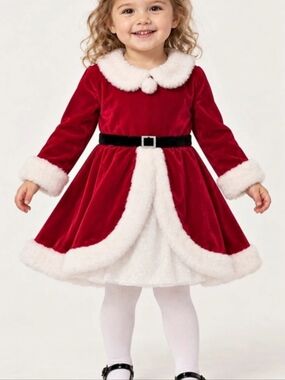 Blueberi Boulevard Santa Dress with Faux Fur Trim & Long Sleeves Girls 2T Red &